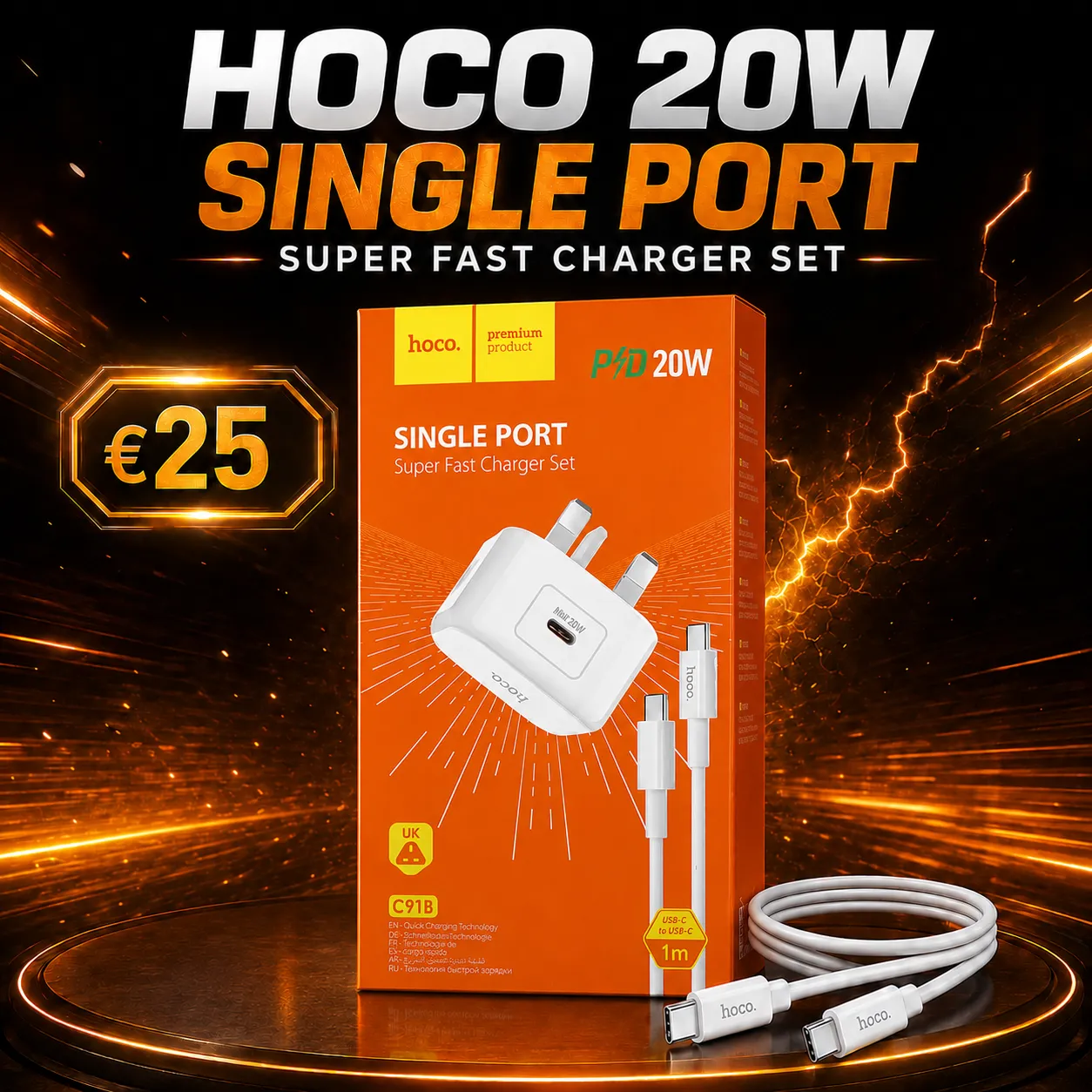 HOCO 20W Single Port Super Fast Charger Set with 1m USB-C Cable