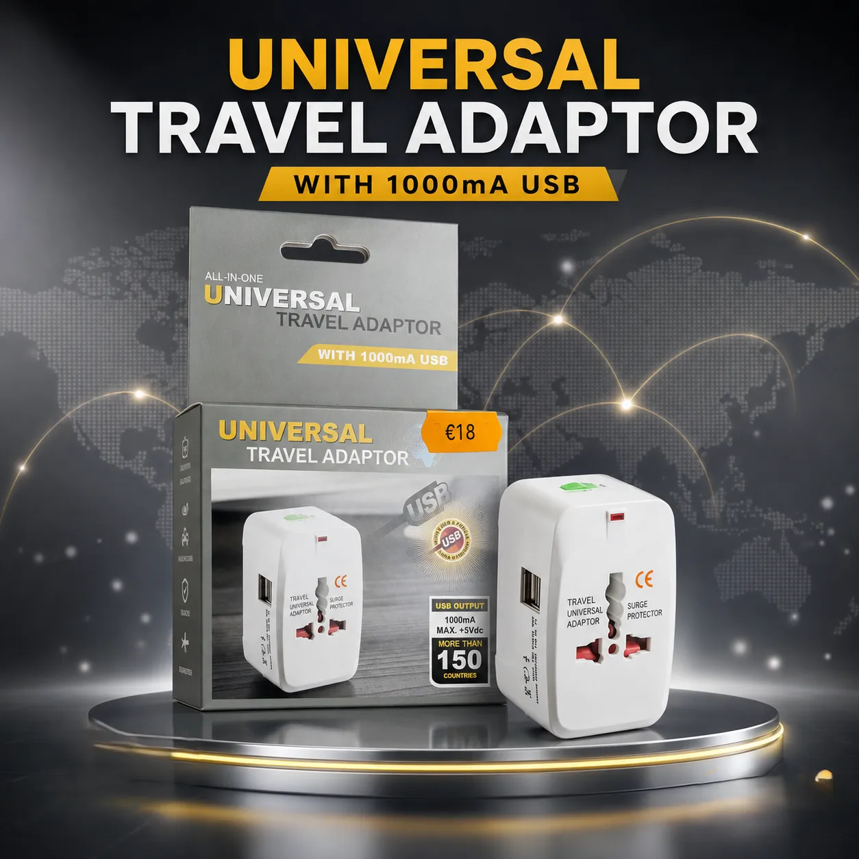 All-in-One Universal Travel Adaptor with 1000mA USB